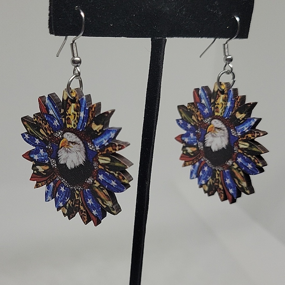 Patriotic Eagle Flag Starburst 1.5" Dangle Earrings